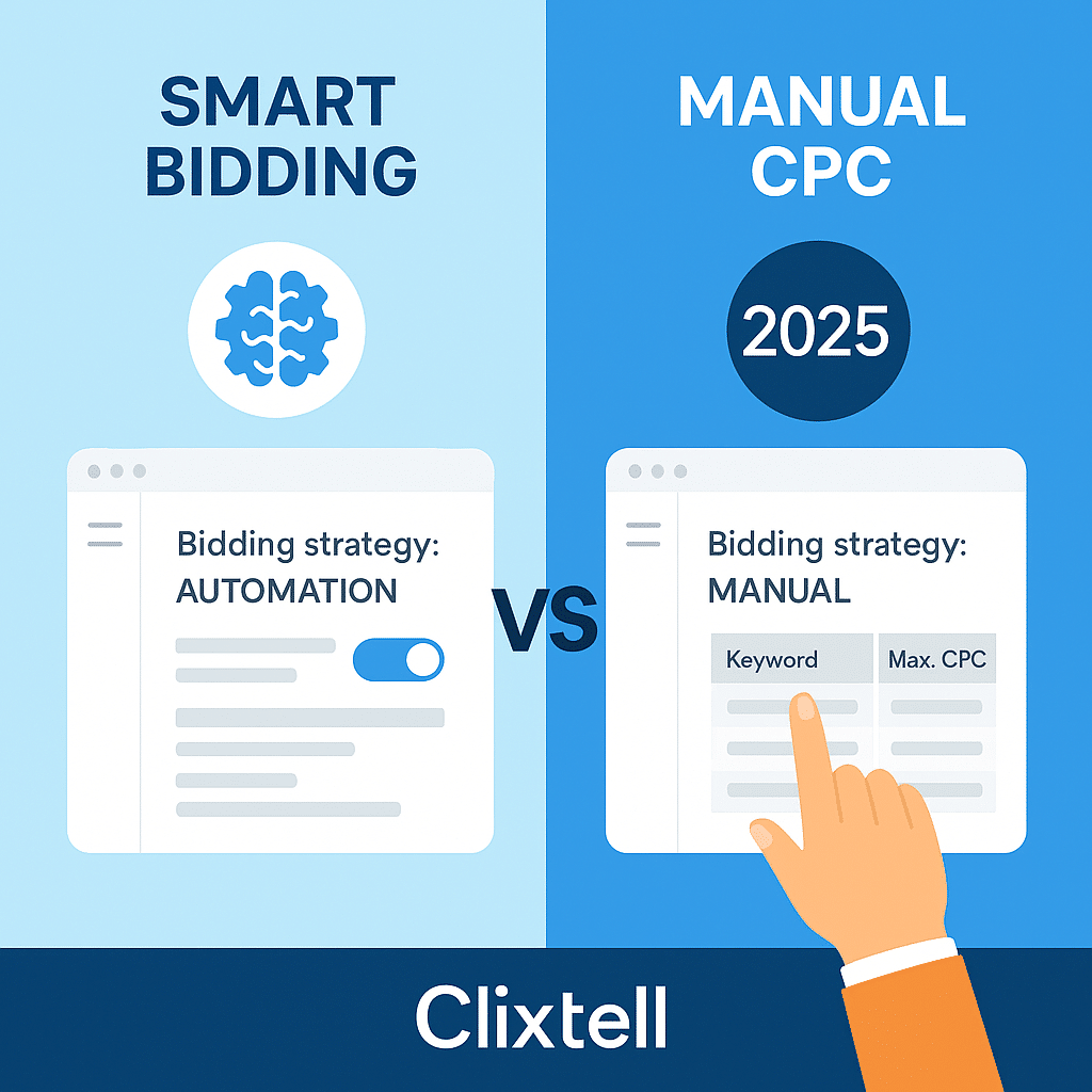 Smart Bidding vs Manual CPC comparison in Google Ads 2025 showing automation and manual bidding dashboards with Clixtell branding style.