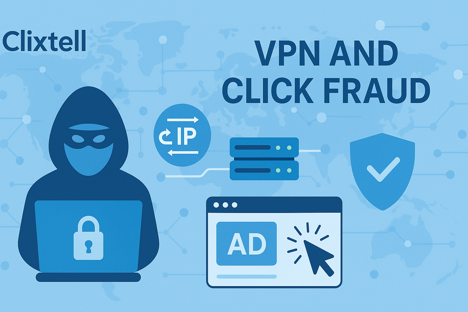 VPN click fraud detection hero with rotating IP nodes and shield, Clixtell